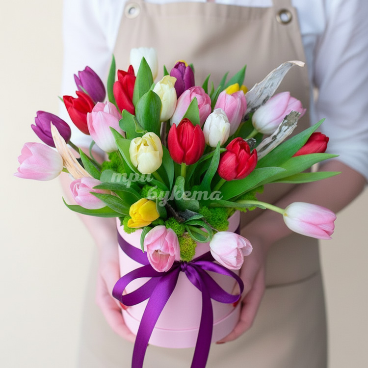 Тюльпаны на 8 марта в коробке