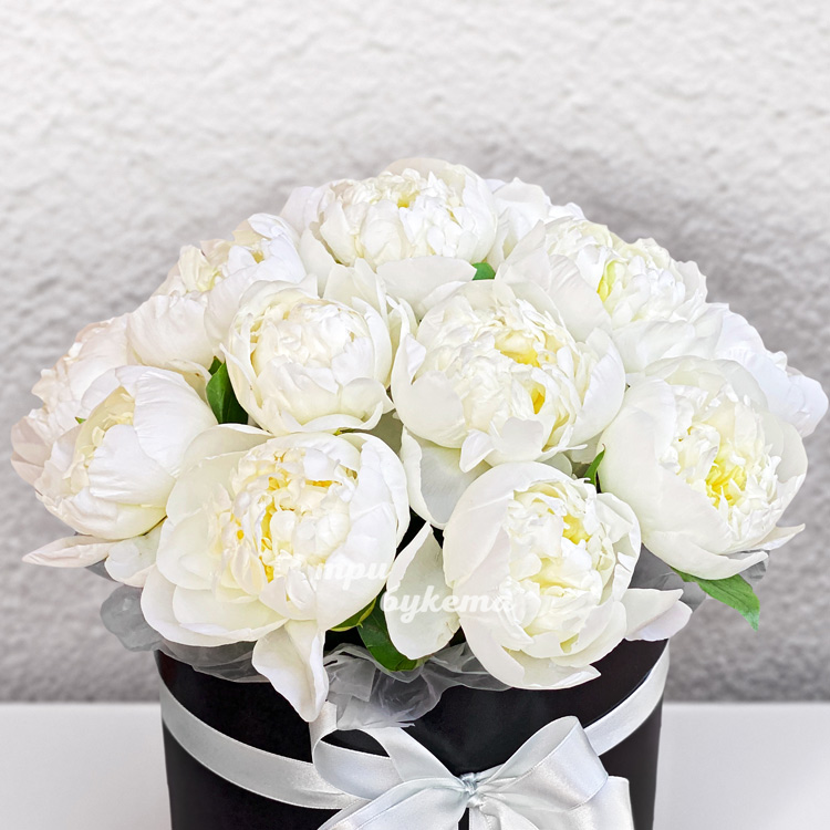 17 белых пионов в шляпной коробке (крупный план)