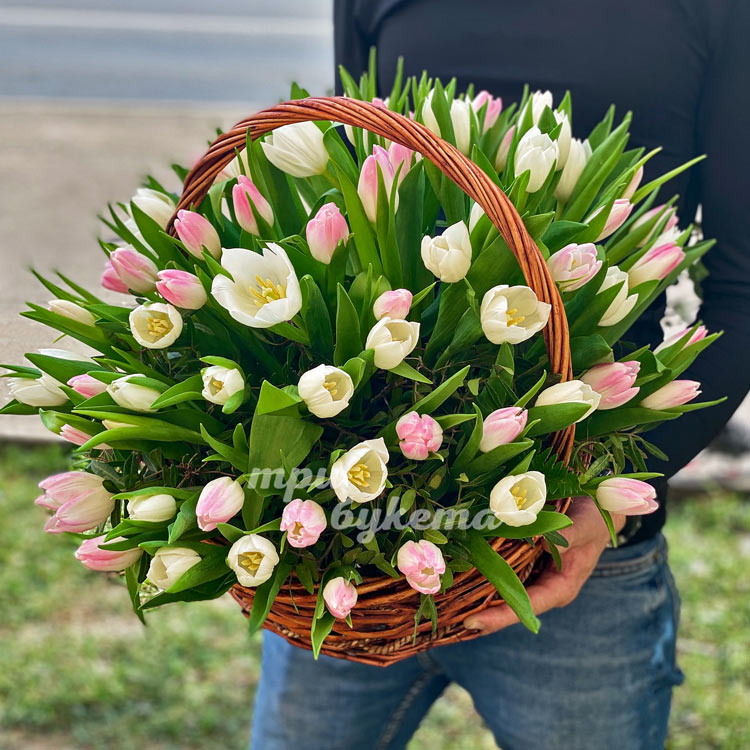 Корзина белых и розовых тюльпанов (в руках)